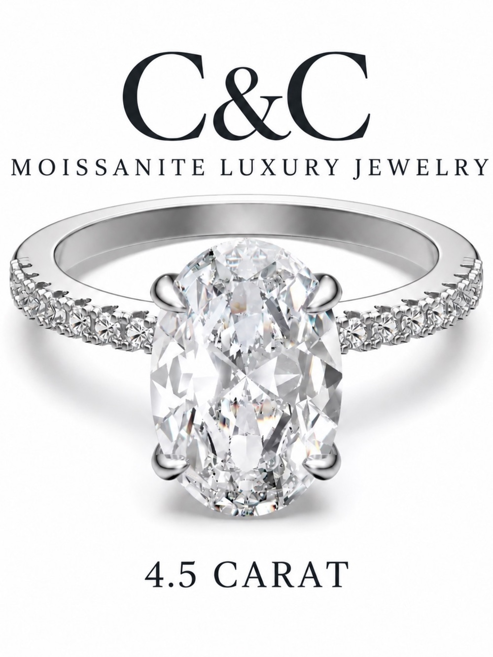 C&C Moissanite 4.5 Carat Oval Halo Engagement Ring in Silver